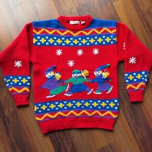 Christie Brooks Kids Red Knit Winter Snowflakes Dancing Figures Sweater Size M